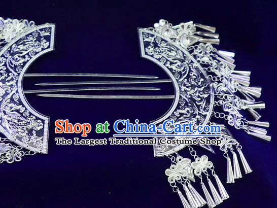 Chinese Carving Hair Stick Miao Ethnic Argent Hair Comb Guizhou Miao Nationality Tassel Hairpins Women Hair Accessories