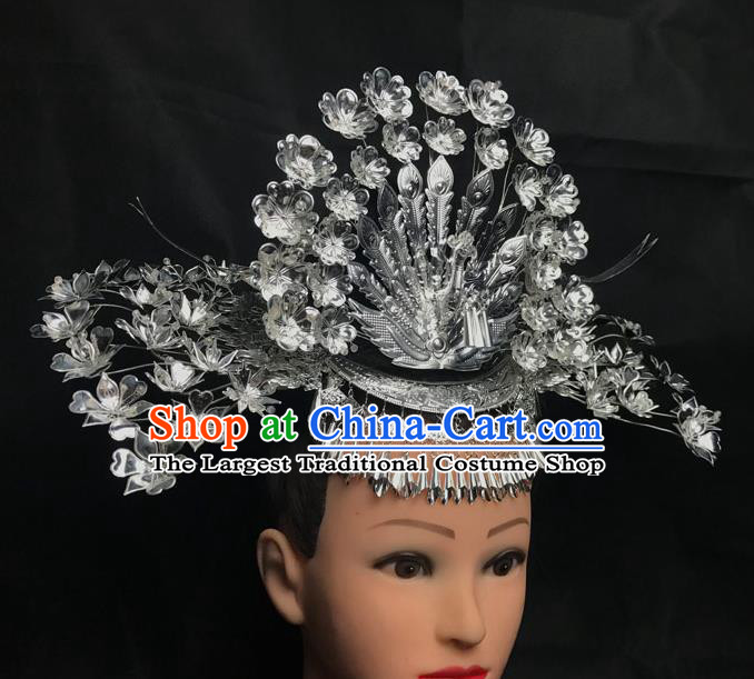 Handmade China Miao Minority Nationality Hair Accessories Dong Ethnic Folk Dance Headdress Peacock Hair Crown and Hairpins Set