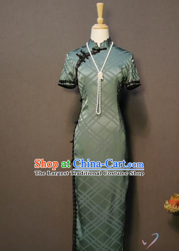 China Stage Performance Green Silk Qipao Dress Classical Dance Costume Women Cheongsam