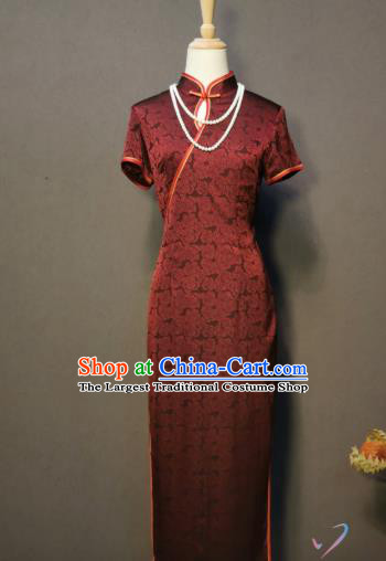 China Rose Pattern Wine Red Silk Qipao Dress Classical Dance Costume Mother Wedding Cheongsam