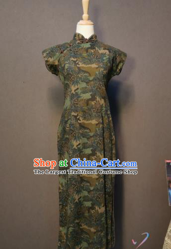 Printing Dark Green Qipao Dress Republic of China Traditional Shanghai Cheongsam Classical Dance Clothing