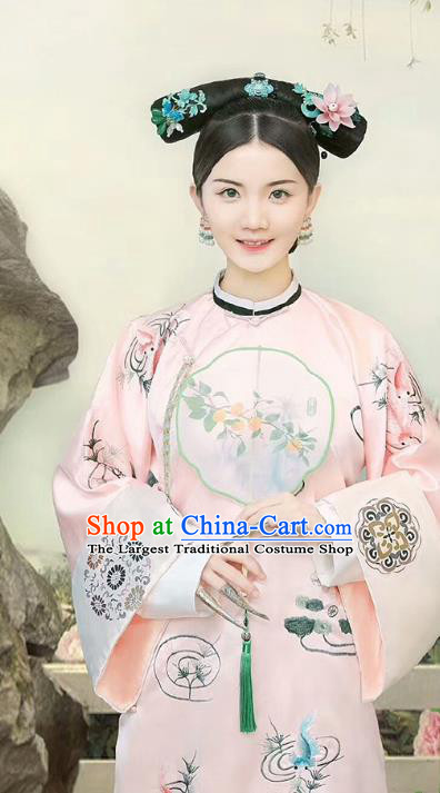 Chinese Qing Dynasty Imperial Consort Shun Costumes Traditional Ancient Manchu Women Embroidered Dress and Headdress Full Set