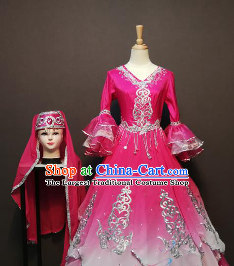 Custom China Xinjiang Ethnic Bride Clothing Traditional Minority Folk Dance Costumes Kazak Nationality Rosy Dress and Hat