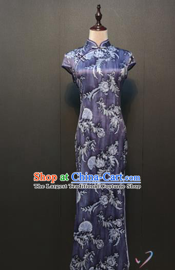 Custom Shanghai Young Lady Purple Silk Cheongsam Drama Performance Clothing Republic of China Classical Printing Qipao Dress