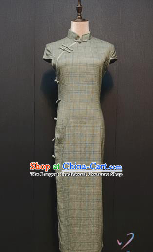 Custom Women Green Grid Cheongsam Drama Performance Classical Dance Clothing Republic of China Civilian Female Qipao Dress