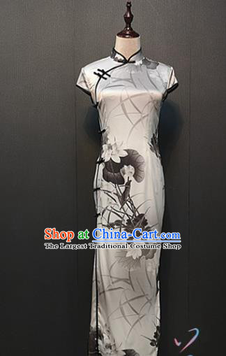 Custom Ink Painting Lotus White Silk Qipao Dress Stage Performance Clothing Republic of China Drama Classical Cheongsam