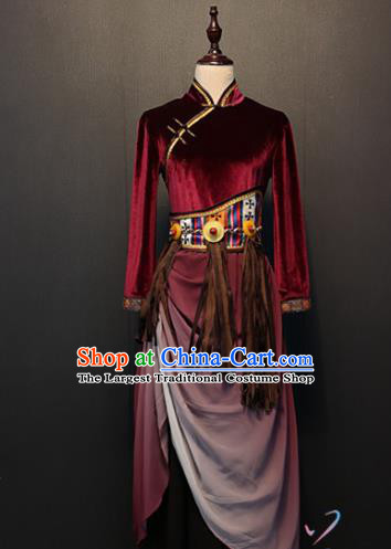 Custom China Ethnic Clothing Zang Nationality Folk Dance Dress Traditional Tibetan Minority Wine Red Velvet Costumes