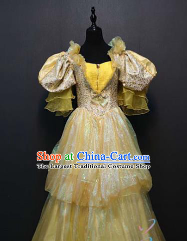 Top Grade Cosplay Princess Yellow Dress Drama Performance Costume Europe Court Full Dress