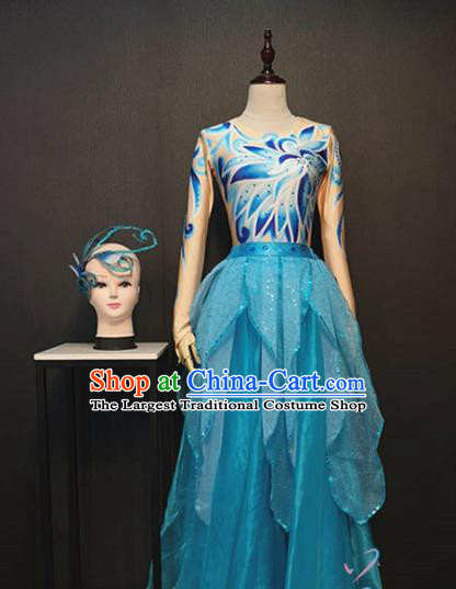 Top Opening Dance Blue Veil Dress Traditional Modern Dance Clothing Stage Performance Costume and Headpiece