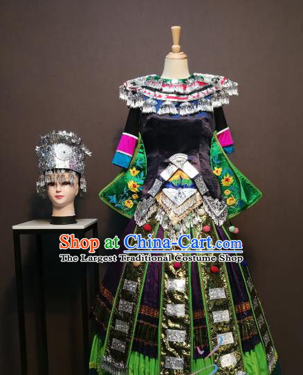 Custom China Xiangxi Ethnic Clothing Tujia Nationality Folk Dance Black Blouse and Skirt Traditional Minority Festival Costumes and Headwear