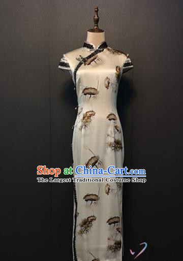 Classical Ink Painting Lotus White Silk Cheongsam Compere Qipao Dress Custom Stage Performance Clothing