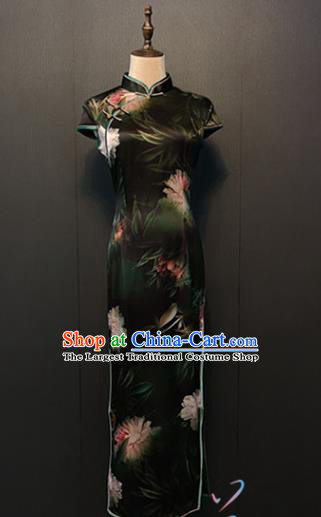 Compere Qipao Dress Custom Stage Performance Clothing Classical Printing Lotus Black Silk Cheongsam