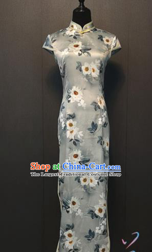 Traditional Printing Camellia Grey Silk Cheongsam Republic of China Shanghai Women Clothing Custom Classical Qipao Dress