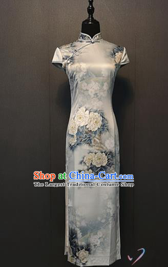 Custom China Traditional Classical Silk Cheongsam Compere Clothing Printing Peony White Qipao Dress