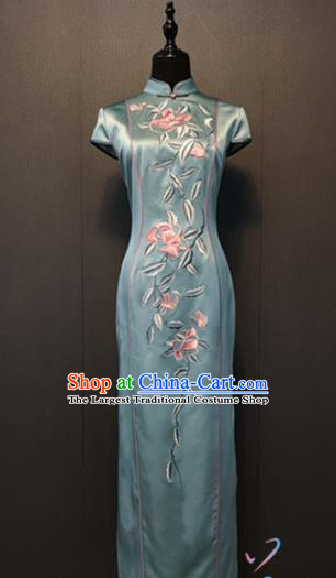 Custom Compere Clothing China Traditional Classical Cheongsam Embroidered Blue Silk Qipao Dress