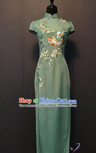 Custom Embroidered Plum Birds Green Silk Qipao Dress China Traditional Classical Cheongsam Shanghai Compere Clothing