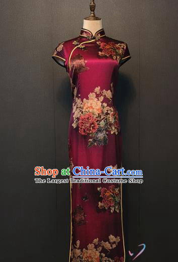 Shanghai Women Clothing Republic of China Bride Printing Peony Cheongsam Custom Classical Purple Silk Qipao Dress