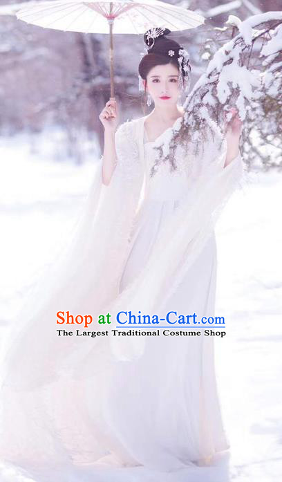 Traditional Chinese Tang Dynasty Royal Princess Costumes Ancient Goddess White Hanfu Dress and Hair Accessories Complete Set