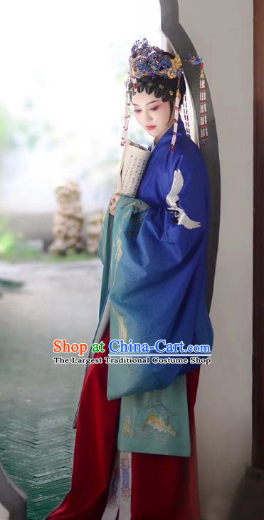 Chinese Ancient Ming Dynasty Costumes Traditional Beijing Opera Apparels Noble Female Blue Cape Blouse and Skirt and Headdress