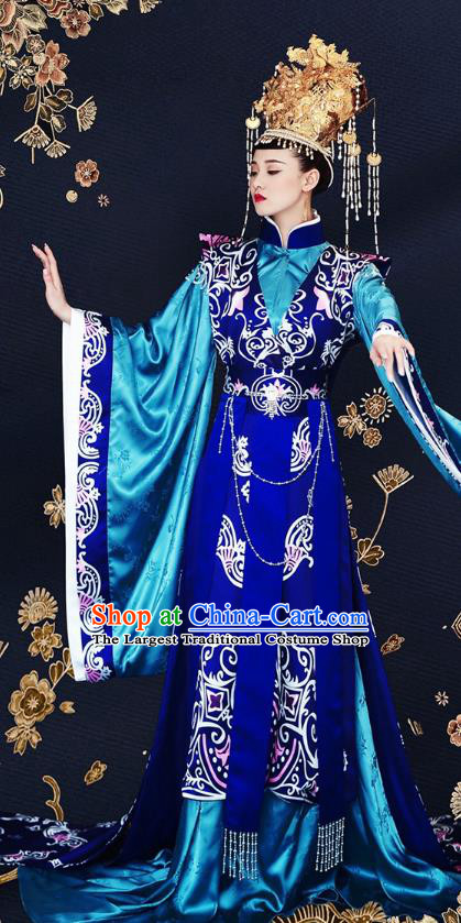 Drama Princess Weiyoung Chinese Ancient Queen Costumes Traditional Southern and Northern Dynasties Empress Blue Apparels and Headwear