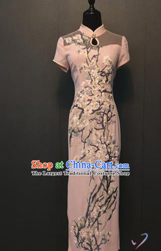 Custom Classical Embroidered Pink Qipao Dress Women Clothing Republic of China Shanghai Silk Cheongsam