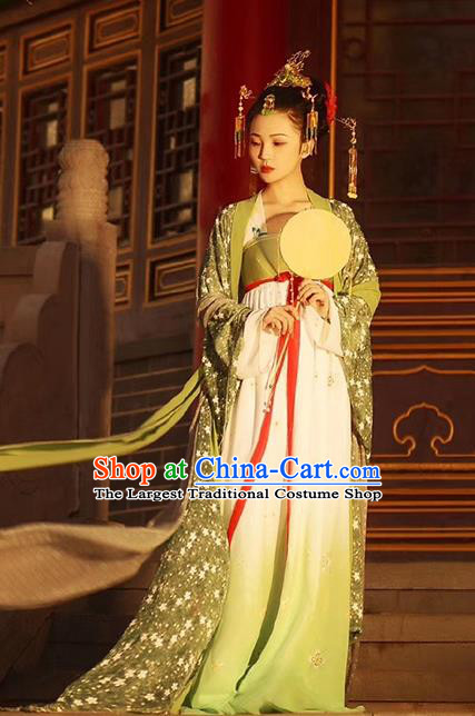 Chinese Ancient Goddess Costumes Traditional Tang Dynasty Princess Light Green Chiffon Hanfu Dress Apparels and Hair Accessories