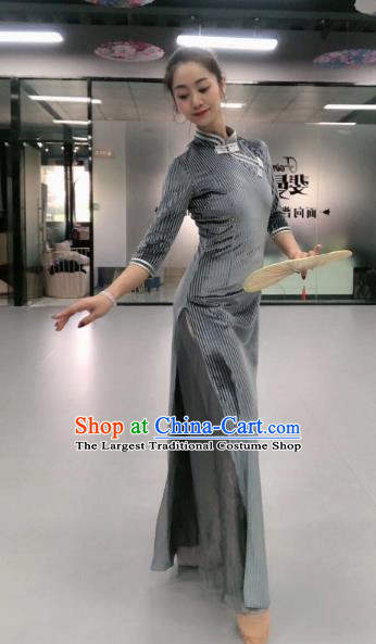 Traditional China Classical Dance Costume Drama Performance Grey Velvet Qipao Dress