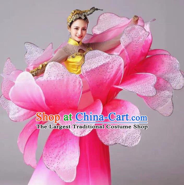 China Peony Flower Dance Pink Dress Traditional Classical Dance Costume Spring Festival Gala Opening Dance Clothing and Hair Accessories