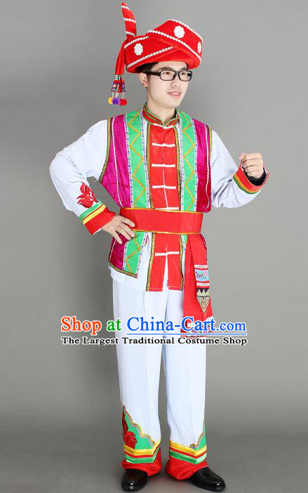 China Yi Ethnic Men Clothing Custom Traditional Yi Minority Nationality Folk Dance Costumes and Hat