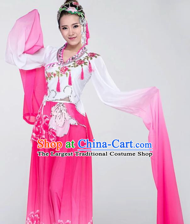 China Water Sleeve Dance Costume Traditional Spring Festival Gala Classical Dance Clothing Fan Dance Rosy Dress and Headpieces