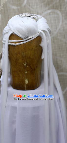 Handmade Cosplay Knight White Wig Sheath China Ancient Swordsman Wigs and Hair Accessories