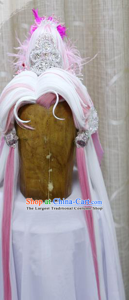 Handmade Cosplay Swordsman Pink Wig Sheath China Ancient Warrior Wigs and Hair Accessories