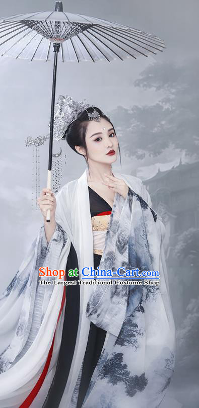 Chinese Ancient Princess Ink Painting Hanfu Dress Traditional Tang Dynasty Costumes Palace Lady Apparels and Headwear