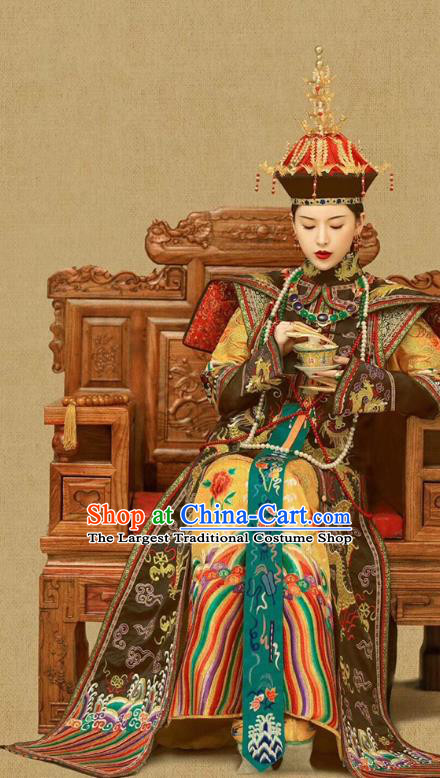 Chinese Ancient Manchu Queen Ruyi Embroidered Dress Traditional Qing Dynasty Court Empress Costumes and Phoenix Hat