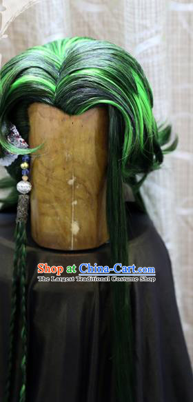 Cosplay Swordsman Green Wig Sheath Handmade China Ancient Chivalrous Male Wigs Style and Headpieces