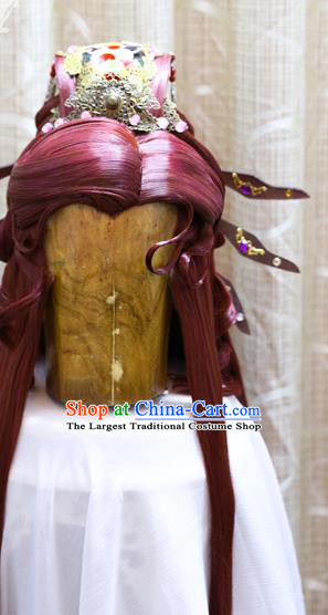 Cosplay Swordsman Red Wig Sheath Handmade China Ancient Duke Cemeng Wigs Style and Headwear