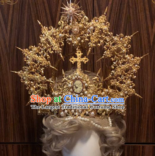 Halloween Cosplay Goddess Church Deluxe Golden Royal Crown Handmade Hair Accessories Baroque Headwear