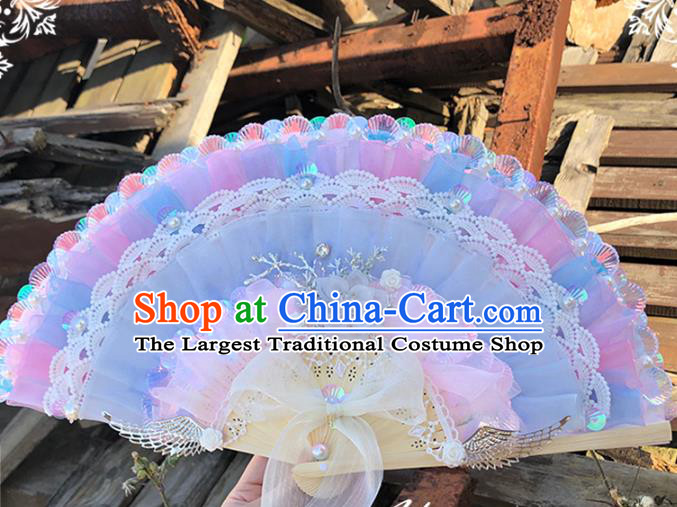 Handmade Wedding Blue Silk Folding Fans Wood Accordion Classical Bride Fan