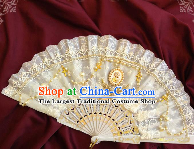 Handmade Beige Lace Folding Fans Classical Gothic Princess Wedding Fan Court Bride Accordion