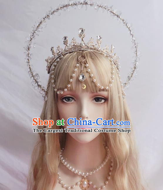 Halloween Cosplay Princess Aureole and Crystal Royal Crown Stage Show Headwear Handmade Goddess Hair Accessories