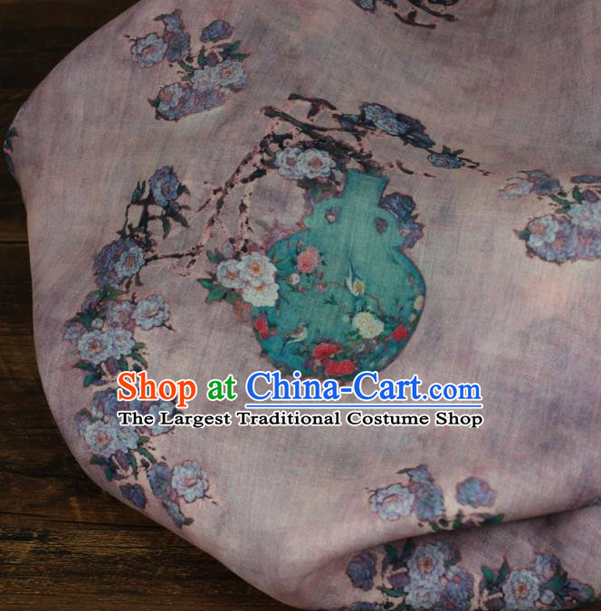 Chinese Traditional Linen Drapery Asian Qipao Dress Flax Cloth Printing Flowers Vase Pattern Lilac Ramine Fabric