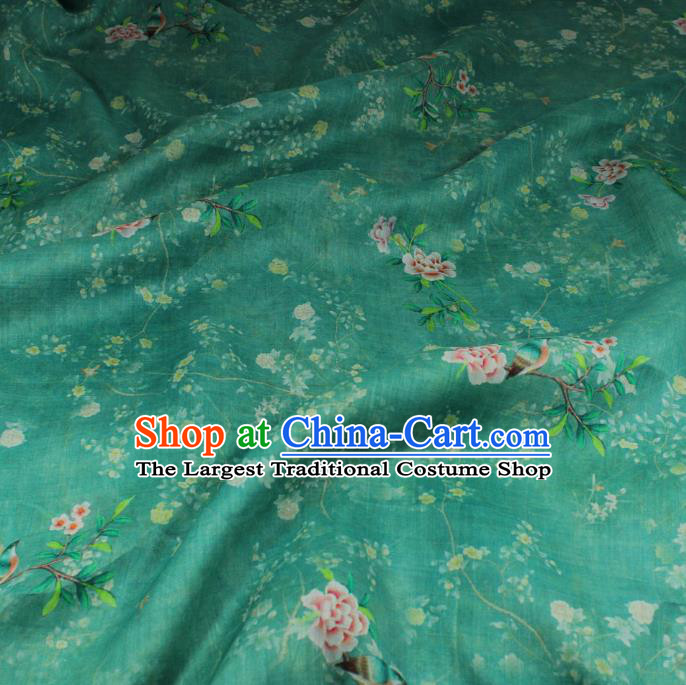 Chinese Printing Peony Bird Pattern Green Ramine Fabric Traditional Linen Drapery Asian Qipao Dress Flax Cloth