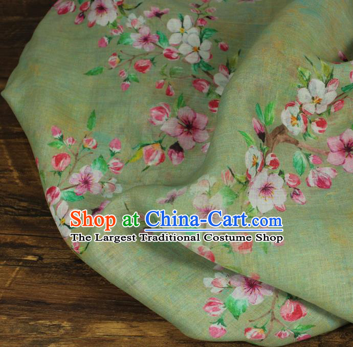 Chinese Light Green Flax Cloth Asian Qipao Dress Linen Drapery Traditional Printing Peach Flowers Pattern Ramine Fabric