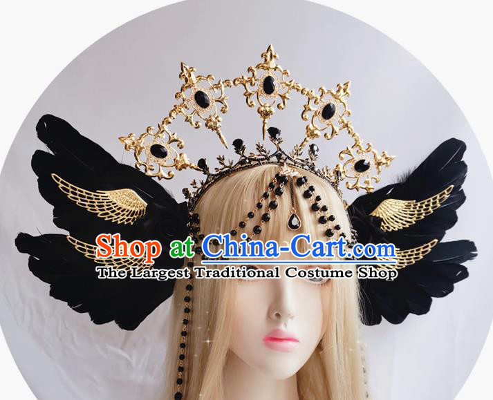 Handmade Cosplay Black Angel Feather Hair Accessories Halloween Stage Show Headwear Aureole and Royal Crown