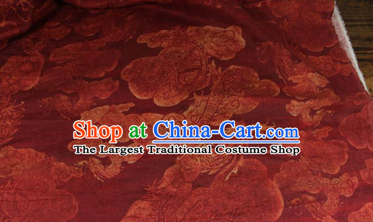 Chinese Printing Dragon Pattern Drak Red Flax Fabric Qipao Dress Cloth Traditional Asian Tang Suit Linen Drapery