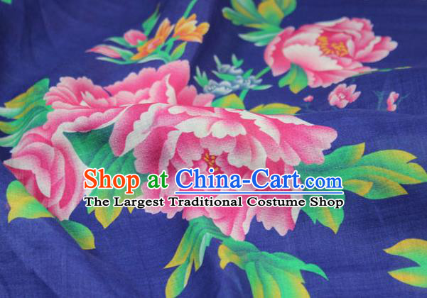 Chinese Traditional Peony Pattern Deep Blue Flax Asian Linen Drapery Qipao Dress Cloth Quilt Cover Fabric