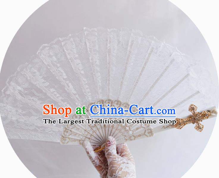 Handmade Retro Bridal Folding Fans Classical Fan Court Wedding White Lace Accordion