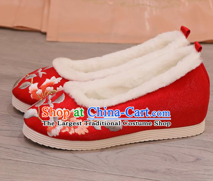 China Opera Shoes Winter Shoes Princess Shoes Embroidered Hibiscus Red Shoes Handmade Cloth Shoes