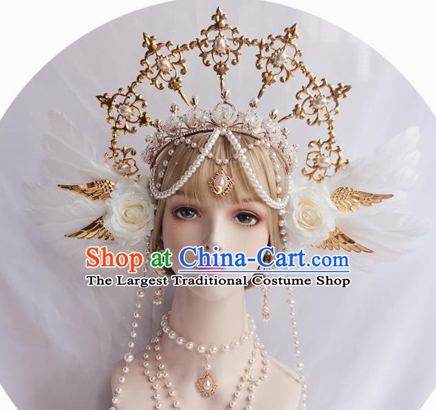 Halloween Stage Show Princess Headwear White Roses Aureole and Royal Crown Handmade Wedding Hair Accessories