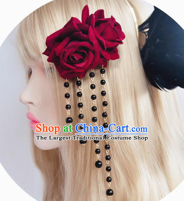 Handmade Gothic Red Rose Hair Stick Halloween Stage Show Headwear Tassel Hair Claw Hair Accessories